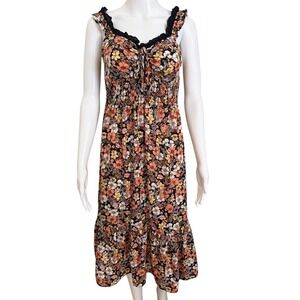 Max + Ash Black Orange Floral Sleeveless Midi Dress Size Small